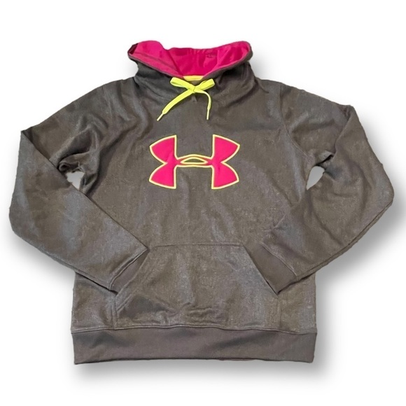 NWOT-UNDER Armour-Size M-UA Storm-Gray, Pink, & Neon Green Logo Hoodie - Picture 1 of 4